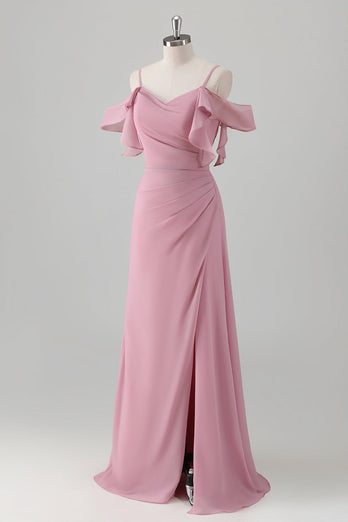 Pink A Line Cold Shoulder Chiffon Bridesmaid Dress with Slit