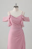 Load image into Gallery viewer, Pink A Line Cold Shoulder Chiffon Bridesmaid Dress with Slit