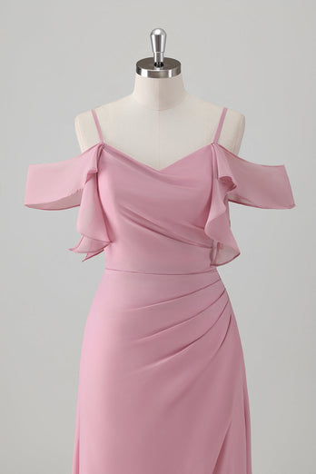 Pink A Line Cold Shoulder Chiffon Bridesmaid Dress with Slit