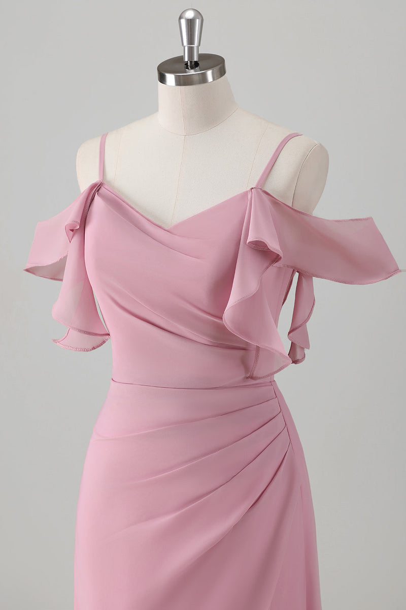 Load image into Gallery viewer, Pink A Line Cold Shoulder Chiffon Bridesmaid Dress with Slit