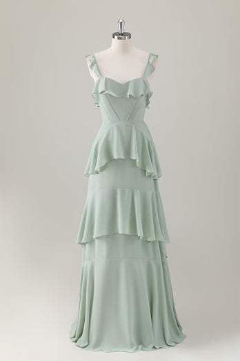 Light Green A-Line Ruffle Tiered Chiffon Corset Long Bridesmaid Dress