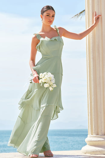 Light Green A-Line Tiered Chiffon Corset Long Bridesmaid Dress