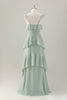 Load image into Gallery viewer, Light Green A-Line Ruffle Tiered Chiffon Corset Long Bridesmaid Dress