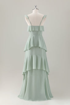 Light Green A-Line Ruffle Tiered Chiffon Corset Long Bridesmaid Dress