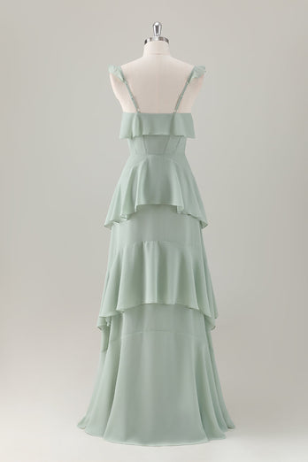 Light Green A-Line Ruffle Tiered Chiffon Corset Long Bridesmaid Dress