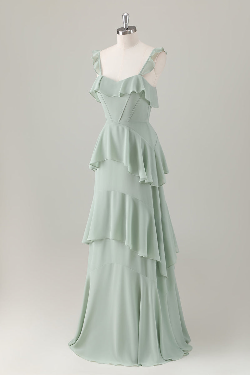 Load image into Gallery viewer, Light Green A-Line Ruffle Tiered Chiffon Corset Long Bridesmaid Dress