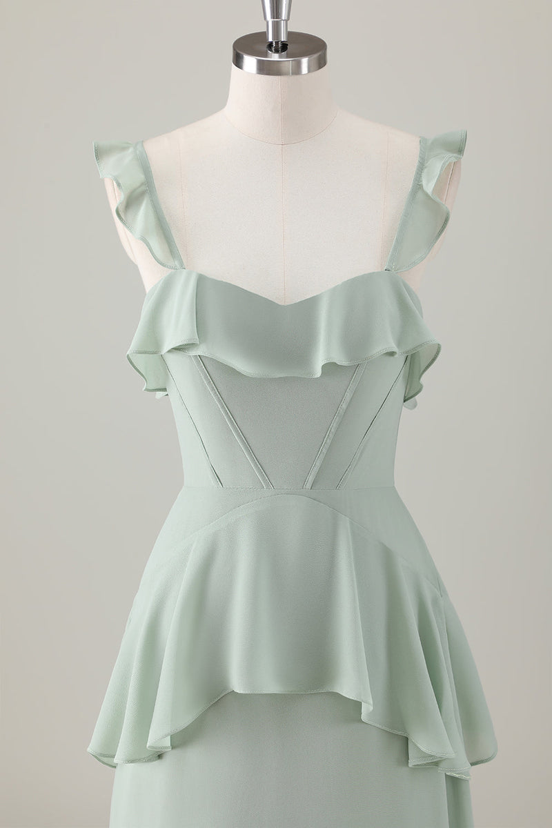 Load image into Gallery viewer, Light Green A-Line Ruffle Tiered Chiffon Corset Long Bridesmaid Dress