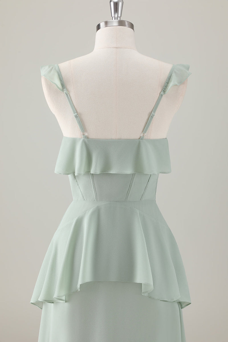 Load image into Gallery viewer, Light Green A-Line Ruffle Tiered Chiffon Corset Long Bridesmaid Dress