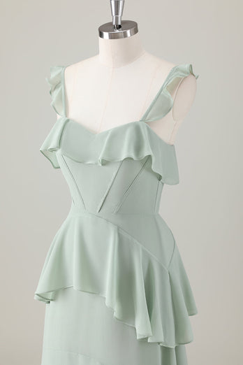 Light Green A-Line Ruffle Tiered Chiffon Corset Long Bridesmaid Dress