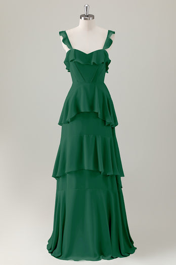 Light Green A Line Ruffle Tiered Chiffon Corset Long Bridesmaid Dress