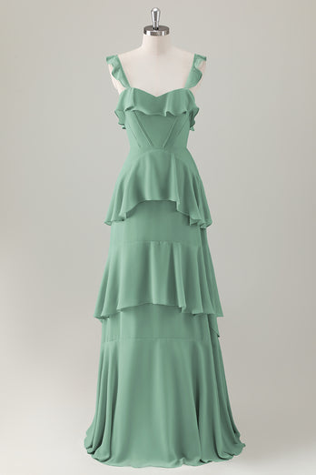 Light Green A Line Ruffle Tiered Chiffon Corset Long Bridesmaid Dress