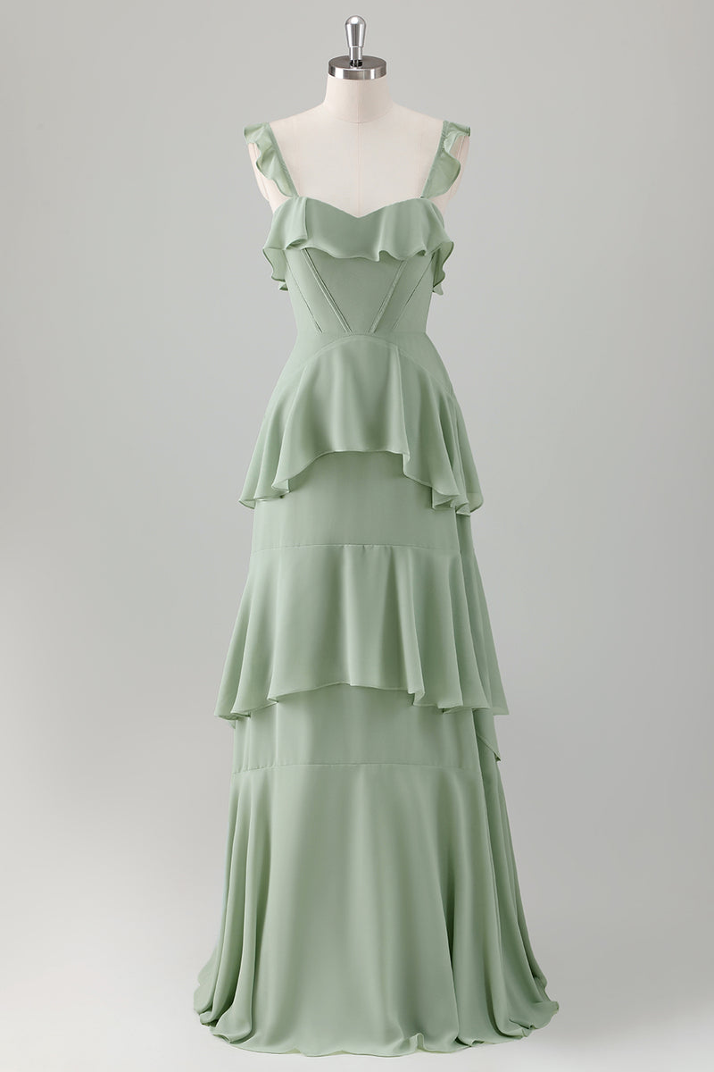 Load image into Gallery viewer, Light Green A Line Ruffle Tiered Chiffon Corset Long Bridesmaid Dress