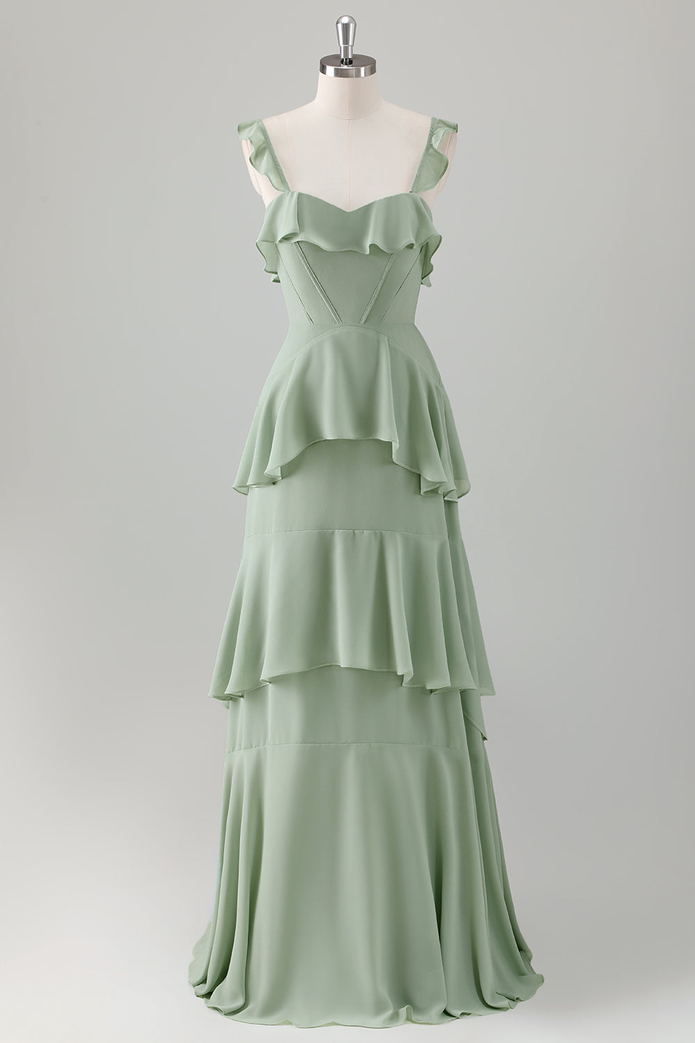 Light Green A Line Ruffle Tiered Chiffon Corset Long Bridesmaid Dress