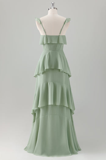 Light Green A Line Ruffle Tiered Chiffon Corset Long Bridesmaid Dress