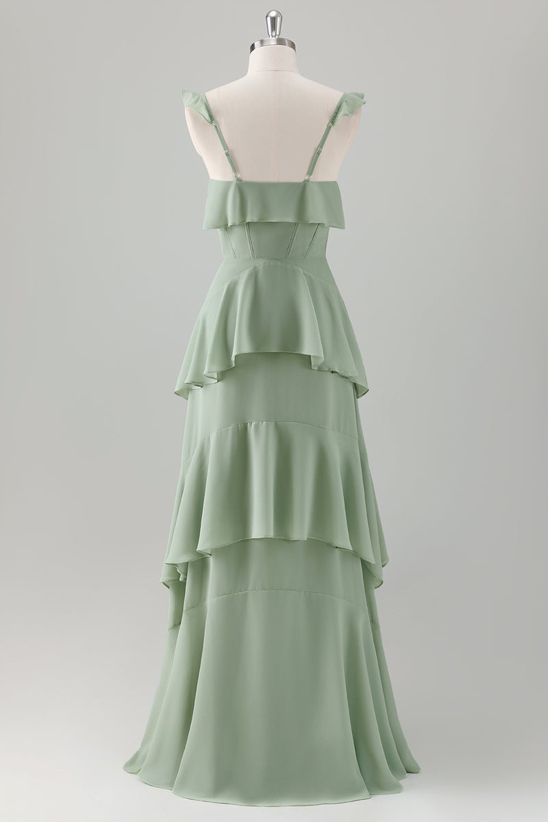 Load image into Gallery viewer, Light Green A Line Ruffle Tiered Chiffon Corset Long Bridesmaid Dress