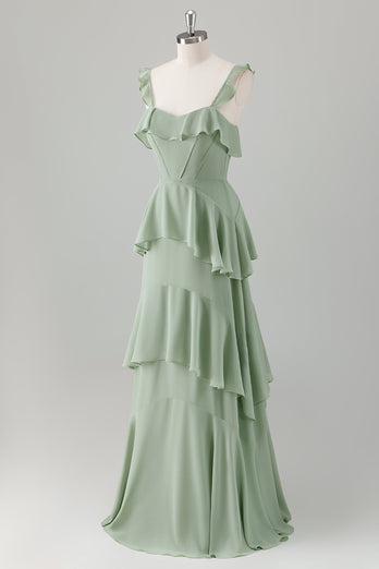 Light Green A Line Ruffle Tiered Chiffon Corset Long Bridesmaid Dress