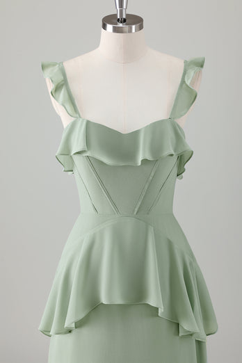 Light Green A Line Ruffle Tiered Chiffon Corset Long Bridesmaid Dress