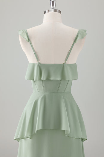 Light Green A Line Ruffle Tiered Chiffon Corset Long Bridesmaid Dress