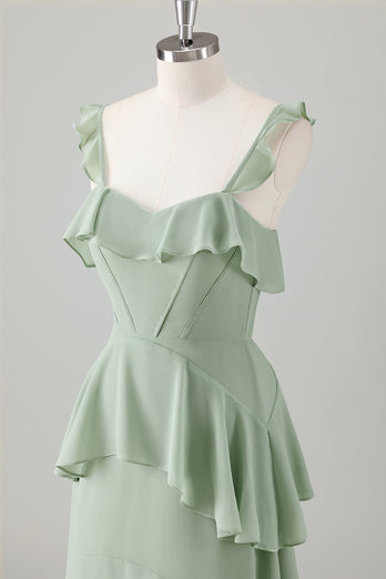 Light Green A Line Ruffle Tiered Chiffon Corset Long Bridesmaid Dress