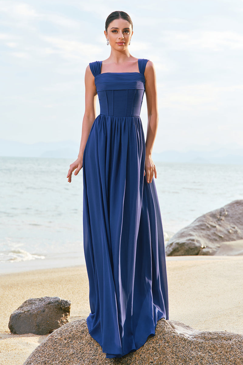 Load image into Gallery viewer, A-Line Square Neck Corset Dark Blue Long Bridesmaid Dress with Lace Up Back