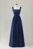 Dark Blue A Line Square Neck Corset Long Bridesmaid Dress with Lace Up Back