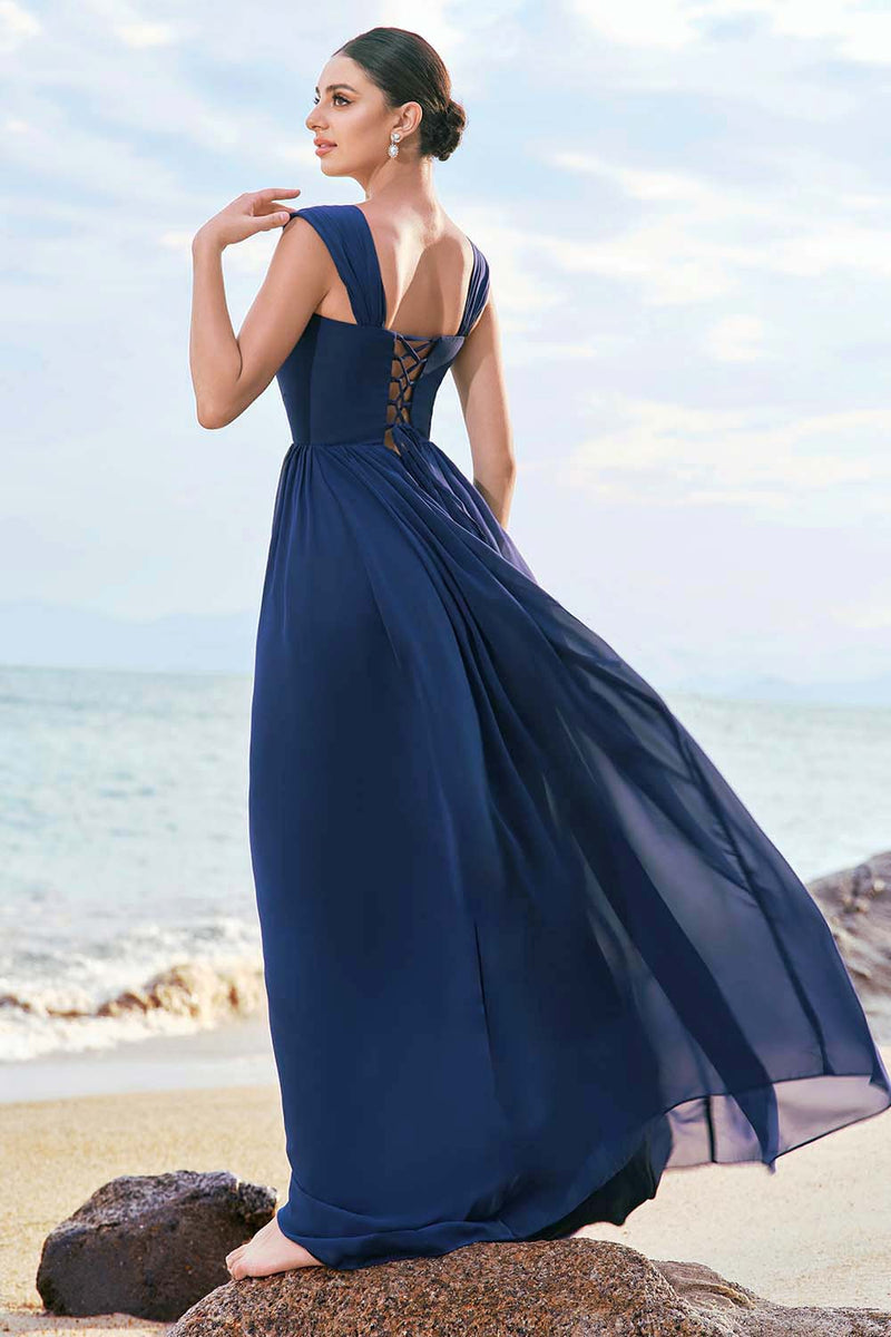 Load image into Gallery viewer, A-Line Square Neck Corset Dark Blue Long Bridesmaid Dress with Lace Up Back