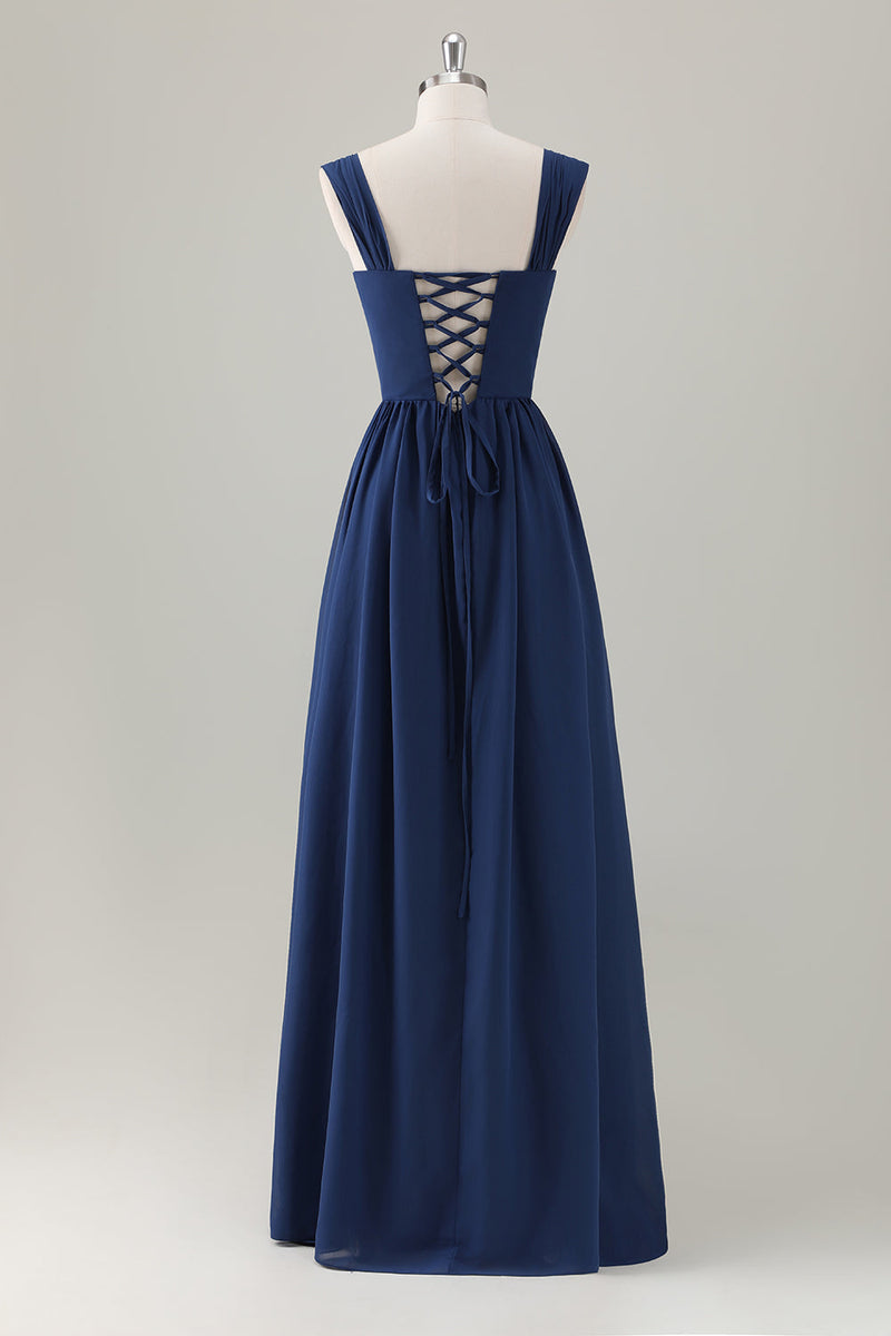 Load image into Gallery viewer, Dark Blue A-Line Square Neck Corset Long Bridesmaid Dress with Lace Up Back