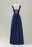 Dark Blue A Line Square Neck Corset Long Bridesmaid Dress with Lace Up Back