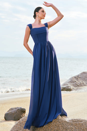 A-Line Square Neck Corset Dark Blue Long Bridesmaid Dress with Lace Up Back