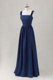 Dark Blue A Line Square Neck Corset Long Bridesmaid Dress with Lace Up Back
