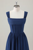 Dark Blue A Line Square Neck Corset Long Bridesmaid Dress with Lace Up Back