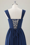 Dark Blue A Line Square Neck Corset Long Bridesmaid Dress with Lace Up Back