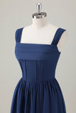 Dark Blue A Line Square Neck Corset Long Bridesmaid Dress with Lace Up Back