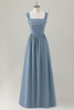 Load image into Gallery viewer, Dark Blue A Line Square Neck Corset Long Bridesmaid Dress with Lace Up Back