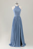 Load image into Gallery viewer, Grey Blue A-Line Halter Long Bridesmaid Dress with Slit