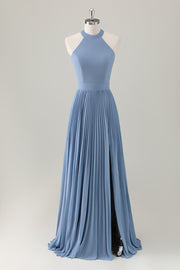 Grey Blue A Line Halter Long Bridesmaid Dress with Slit