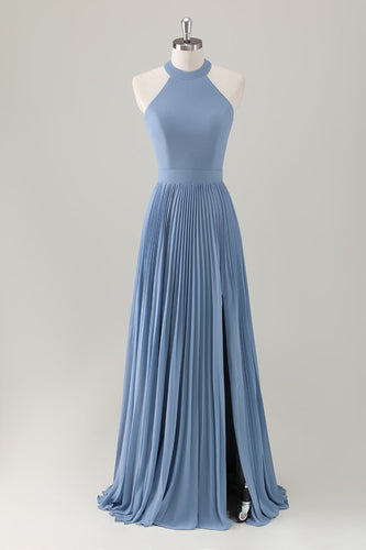 Grey Blue A-Line Halter Long Bridesmaid Dress with Slit