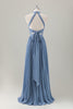 Load image into Gallery viewer, Grey Blue A-Line Halter Long Bridesmaid Dress with Slit