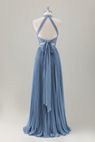 Grey Blue A Line Halter Long Bridesmaid Dress with Slit