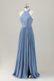 Grey Blue A Line Halter Long Bridesmaid Dress with Slit