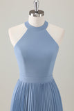 Grey Blue A Line Halter Long Bridesmaid Dress with Slit