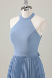 Grey Blue A Line Halter Long Bridesmaid Dress with Slit
