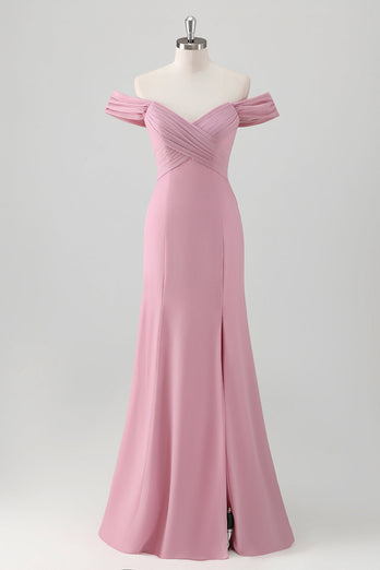 Pink Mermaid Off the Shoulder Long Bridesmaid Dress with Slit