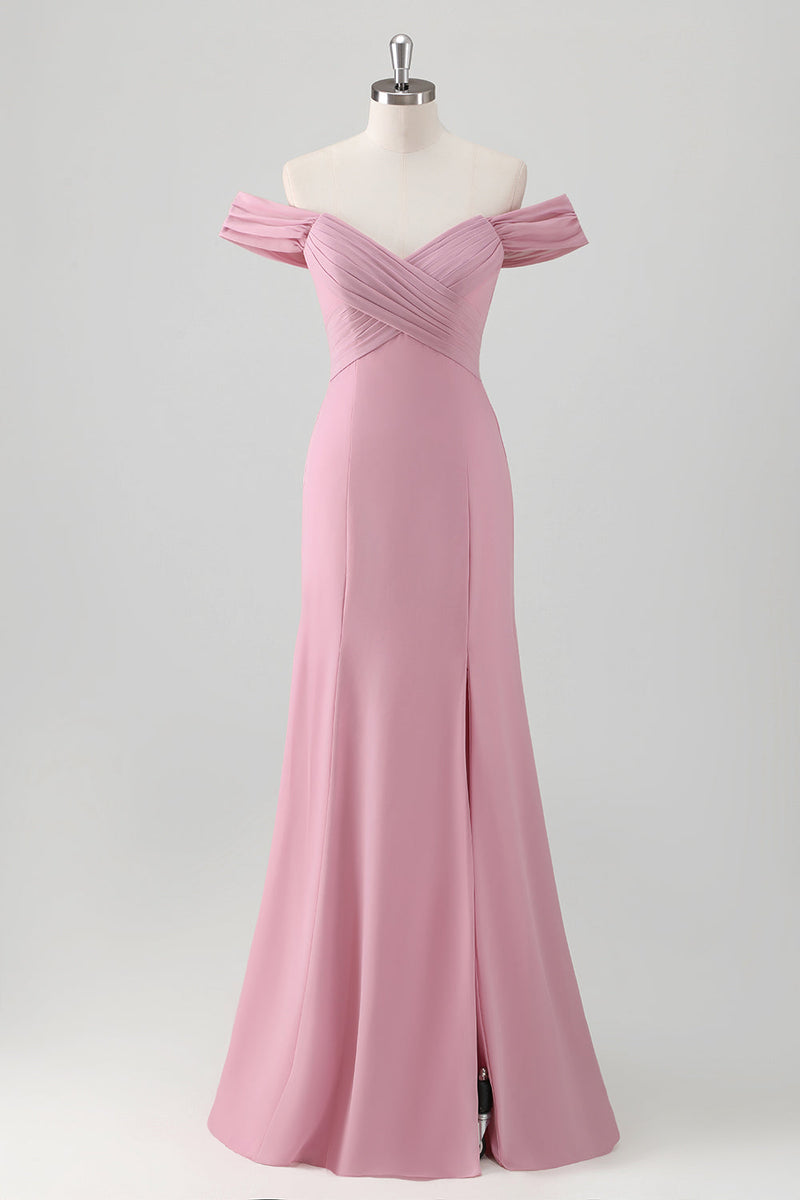 Load image into Gallery viewer, Pink Mermaid Off the Shoulder Long Bridesmaid Dress with Slit