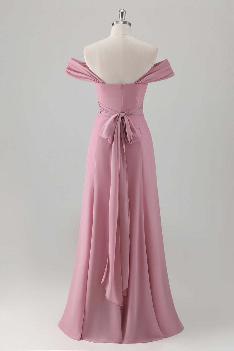 Load image into Gallery viewer, Pink Mermaid Off the Shoulder Long Bridesmaid Dress with Slit