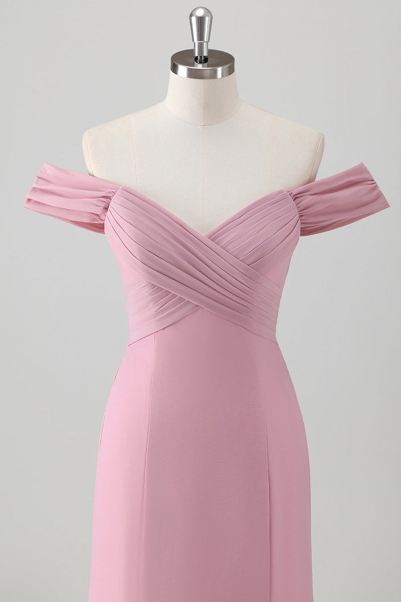 Load image into Gallery viewer, Pink Mermaid Off the Shoulder Long Bridesmaid Dress with Slit