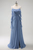 Load image into Gallery viewer, Grey Blue A-Line Spaghetti Straps Chiffon Long Bridesmaid Dress with Slit