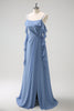 Load image into Gallery viewer, Grey Blue A-Line Spaghetti Straps Chiffon Long Bridesmaid Dress with Slit