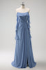 Load image into Gallery viewer, Grey Blue A-Line Spaghetti Straps Chiffon Long Bridesmaid Dress with Slit