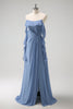 Load image into Gallery viewer, Grey Blue A-Line Spaghetti Straps Chiffon Long Bridesmaid Dress with Slit